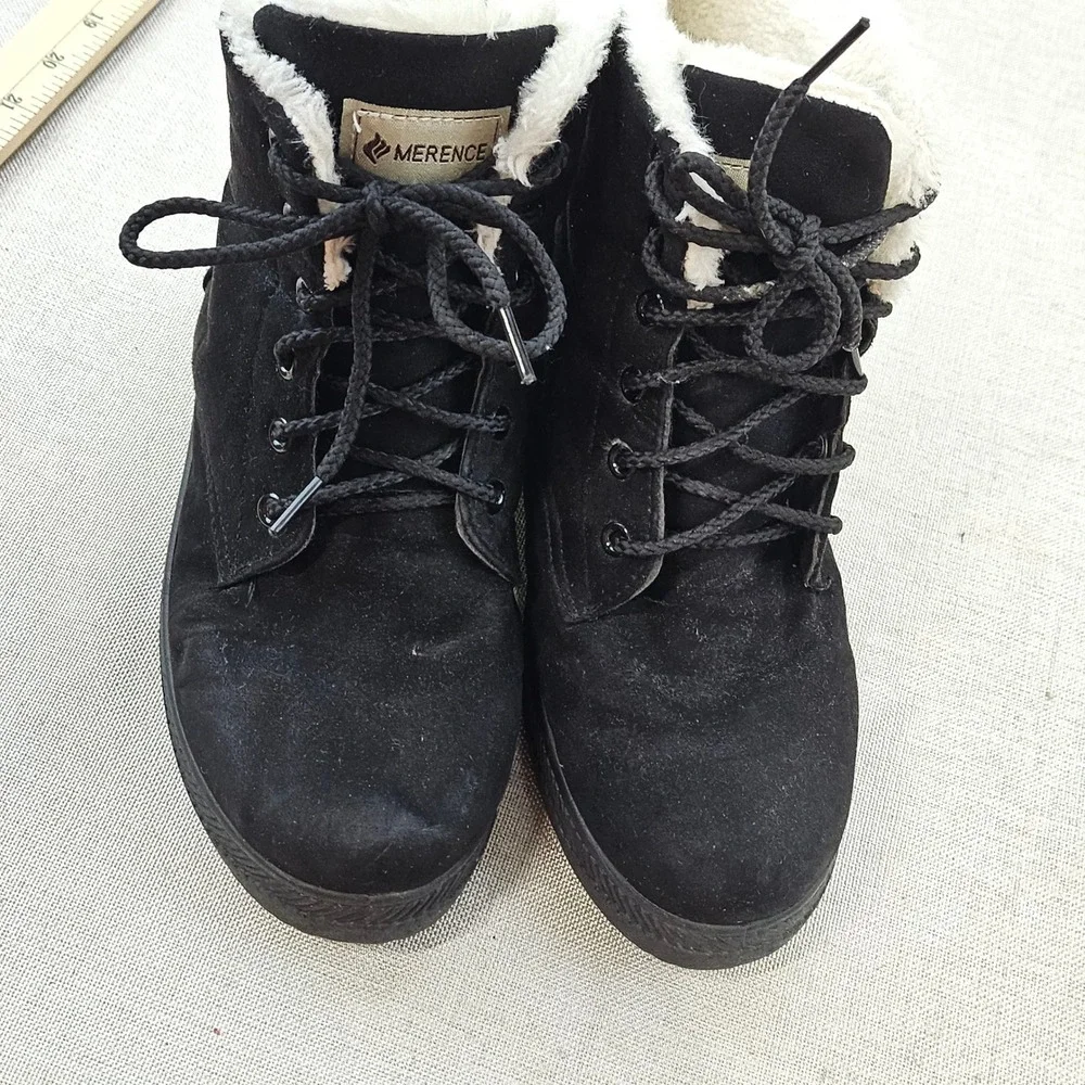 Merence Womens Ankle Boots Black Faux Fur Lined Lace Up Lug‎ Sole EU 40 / 9.5